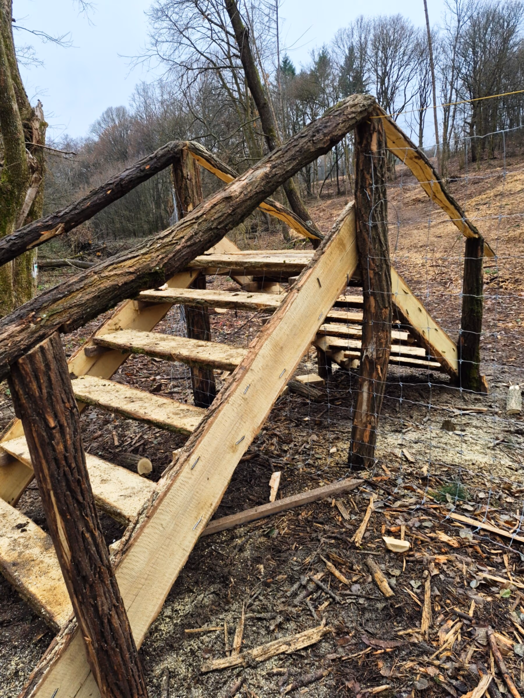 Fa átjárólépcső akácoszlopos vadhálón